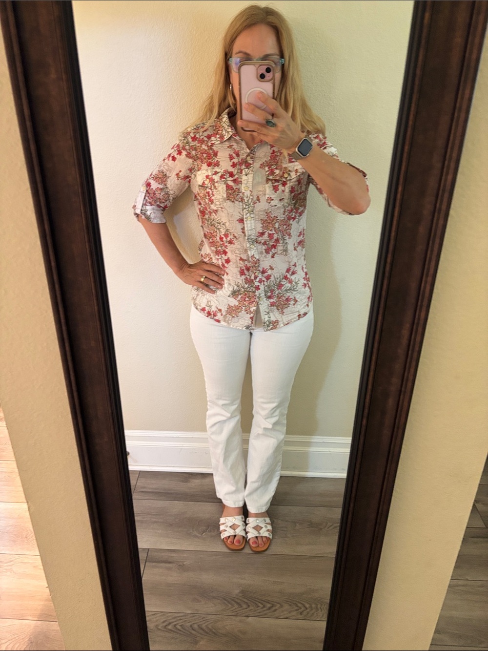 Tory Burch Cream Button-Down Shirt with Red Floral Print